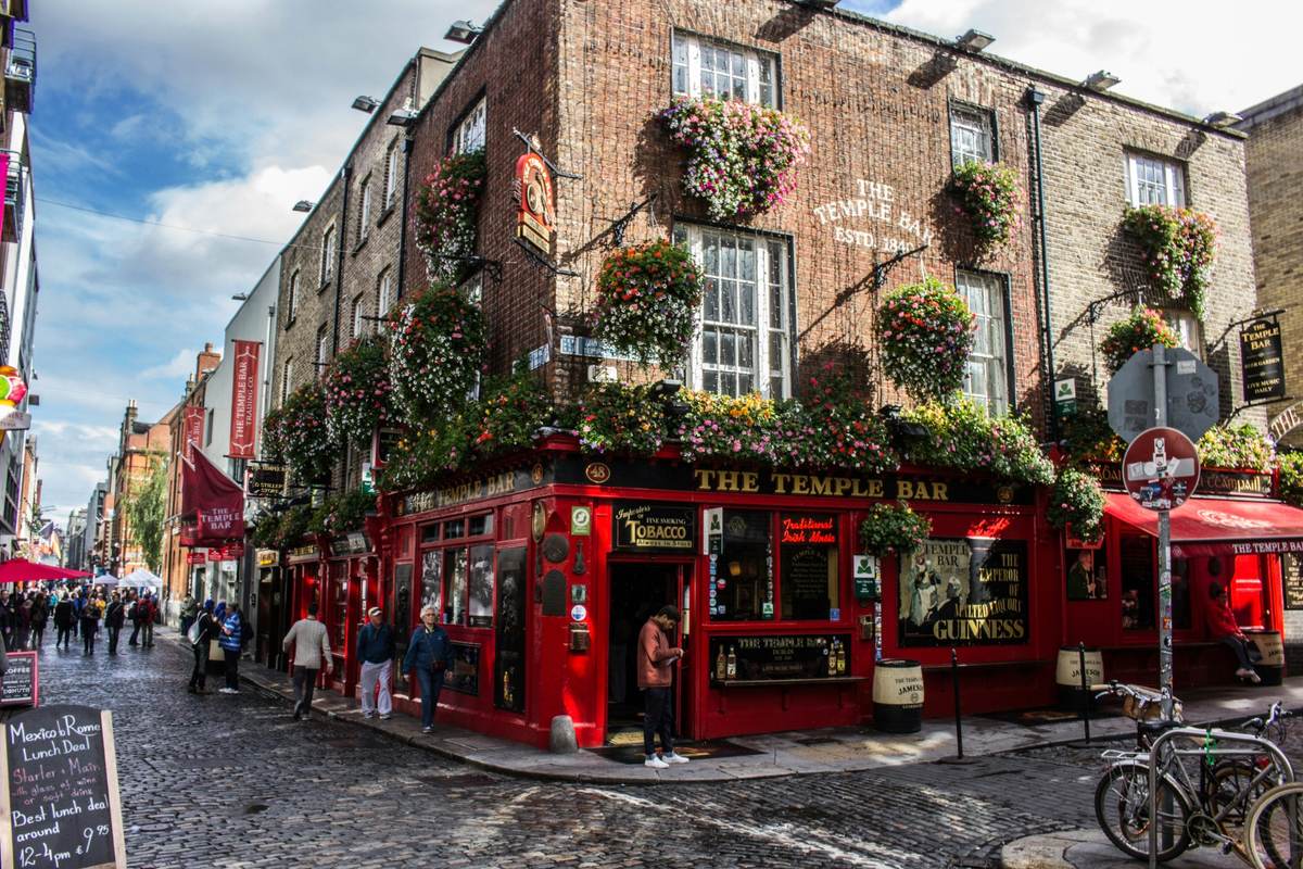 The welcoming exterior of The Temple Bar pub on a sunny afternoon.